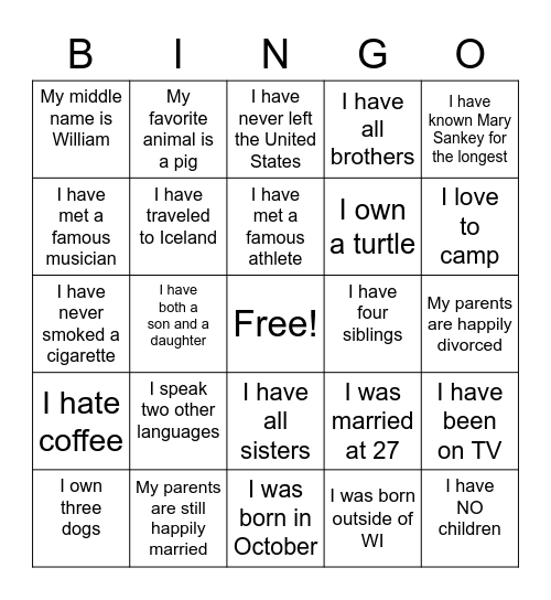 Sterling Amazing Race Bingo Card