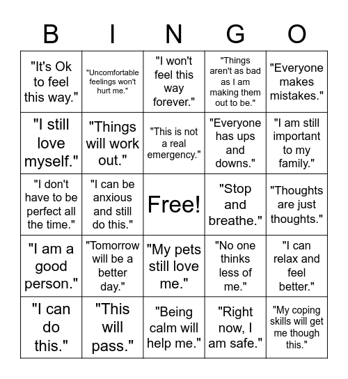 Positive Thoughts Bingo Card