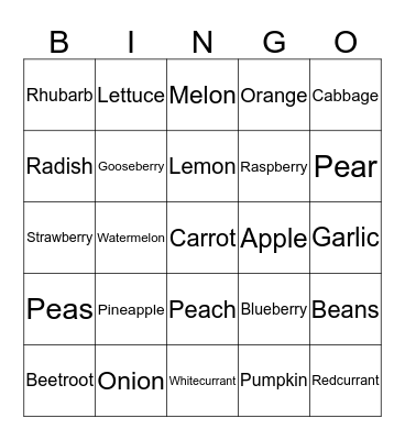 Vegetables,fruit,berries Bingo Card