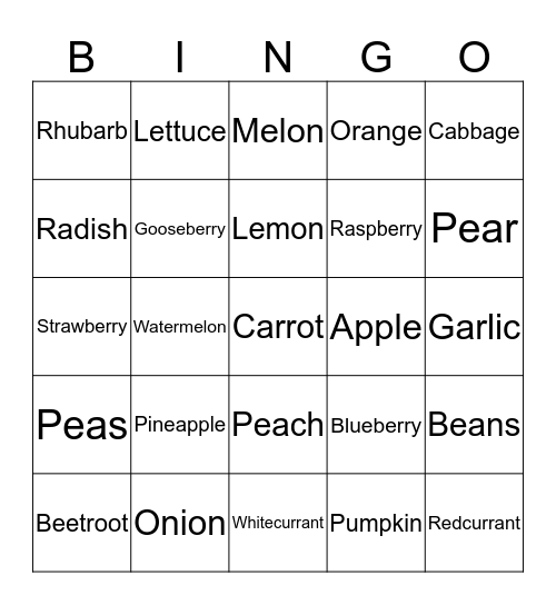 Vegetables,fruit,berries Bingo Card