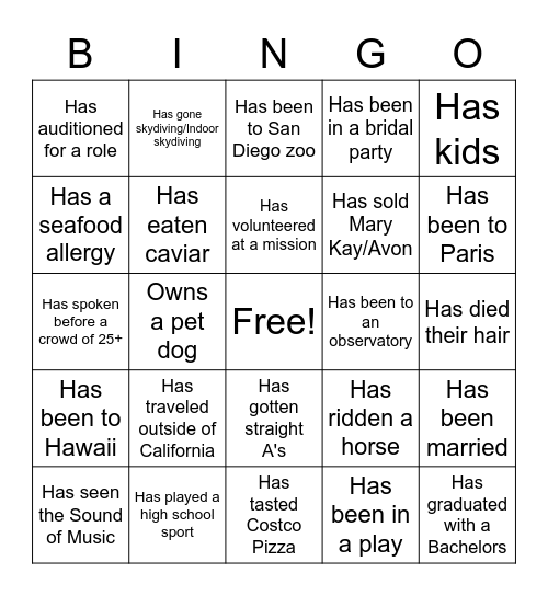 Get To Know You Bingo Card