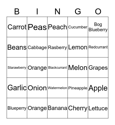 vegetables,fruit,berries Bingo Card