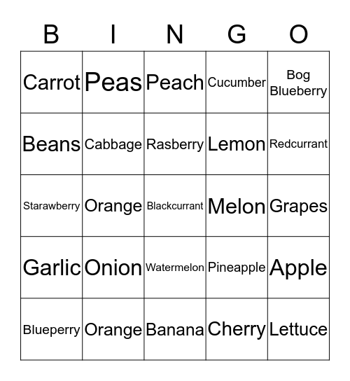 vegetables,fruit,berries Bingo Card