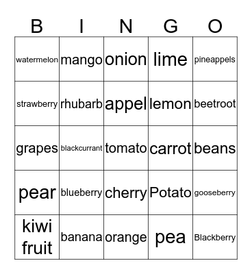 vegetables,fruits,berris Bingo Card
