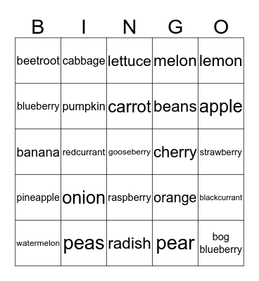 Vegetables, fruit, berries Bingo Card