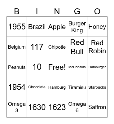 Binjeo Food Challenge Bingo Card