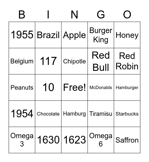 Binjeo Food Challenge Bingo Card