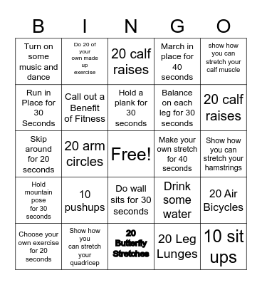 Fitness Bingo Card