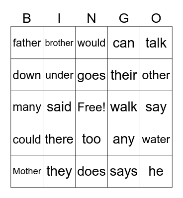 Sight Words Bingo Card
