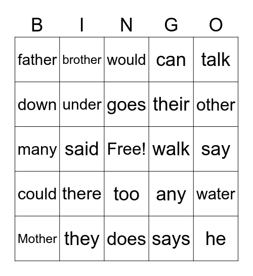 Sight Words Bingo Card