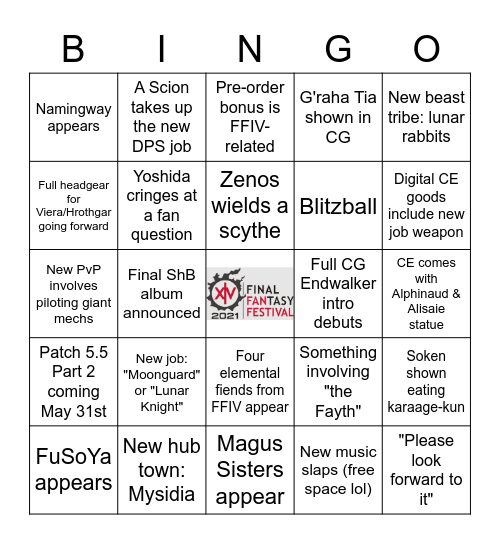 FFXIV Digital Fan Festival 2021 Bingo Card