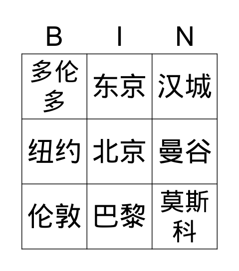 城市 Bingo Card