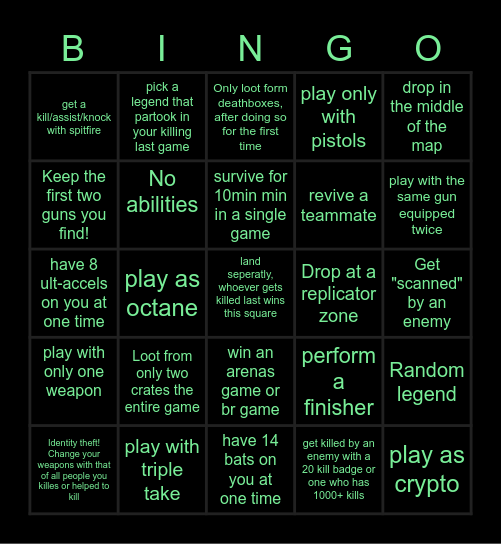 Apex always have to be top 11 Bingo Card
