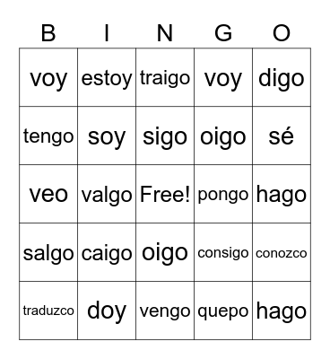 Irregular Yo Form Verbs Bingo Card