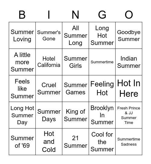 Summer Songs Bingo Card