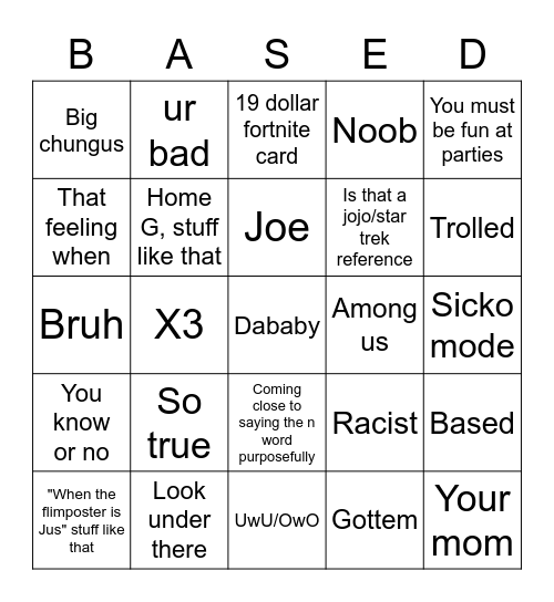 Based Board Bingo Card