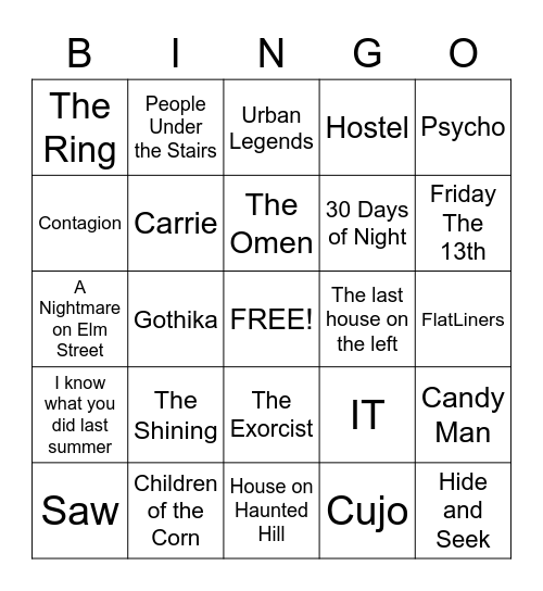 Horror Movies Bingo Card