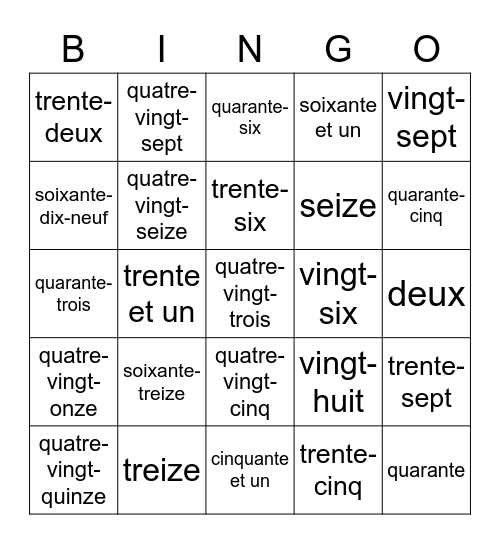 French Numbers 0-101 Bingo Card