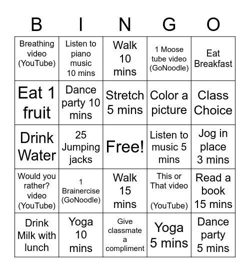 Class Wellness Bingo Wk #2 Bingo Card