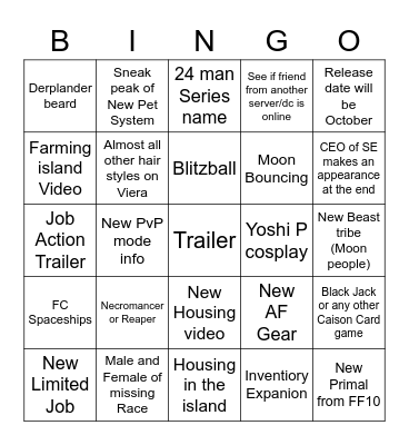 FFXIV FanFest Predictions Bingo Card