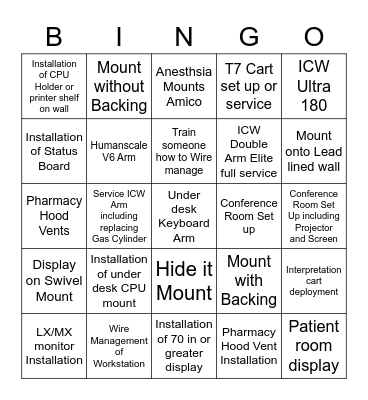 Installation Bingo (with Lead Tech sign off) Bingo Card