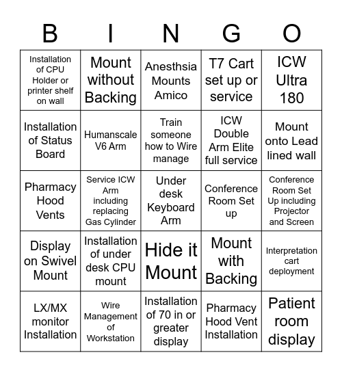 Installation Bingo (with Lead Tech sign off) Bingo Card