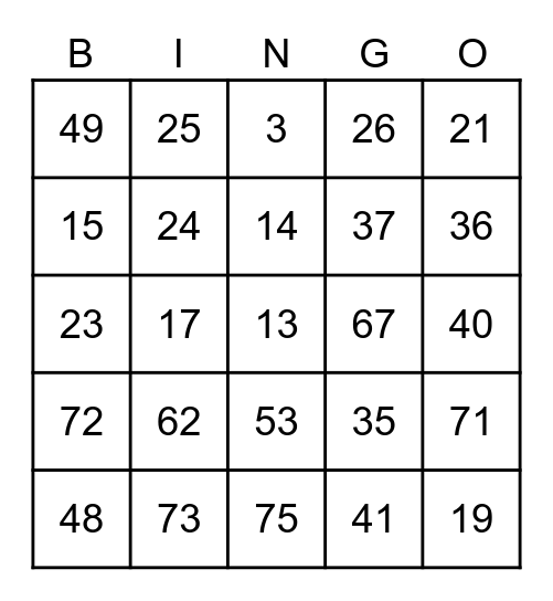 75 NUMBERS Bingo Card