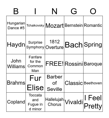Classical Music Composers Bingo Card