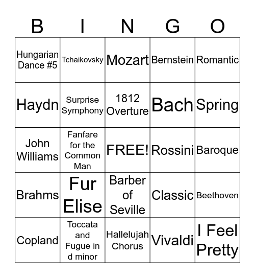 Classical Music Composers Bingo Card