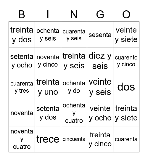 Spanish Numbers 0-101 Bingo Card