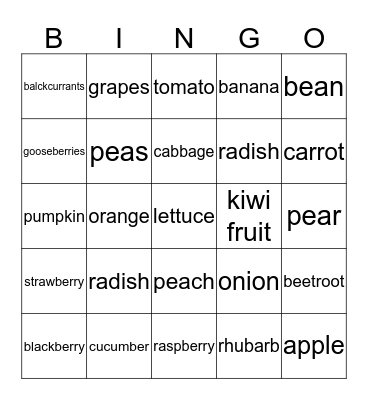 vegetable Bingo Card