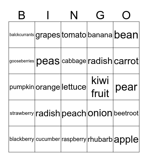 vegetable Bingo Card
