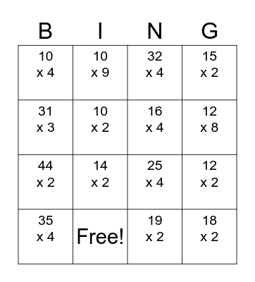 Multiplication Bingo Card