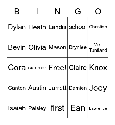 Mrs. Tuntland's Class Bingo Card