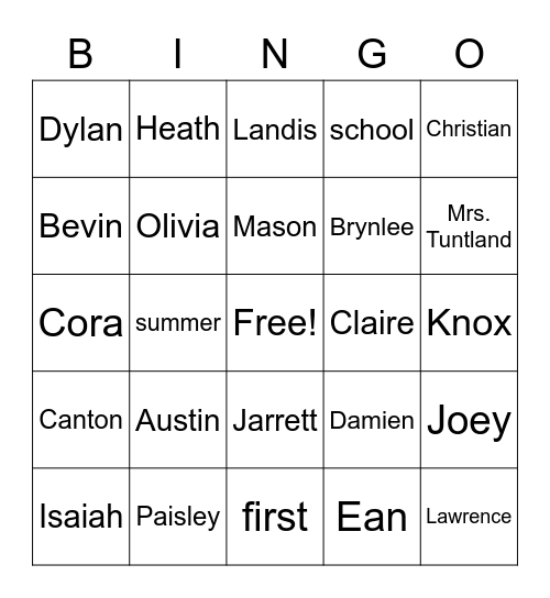 Mrs. Tuntland's Class Bingo Card