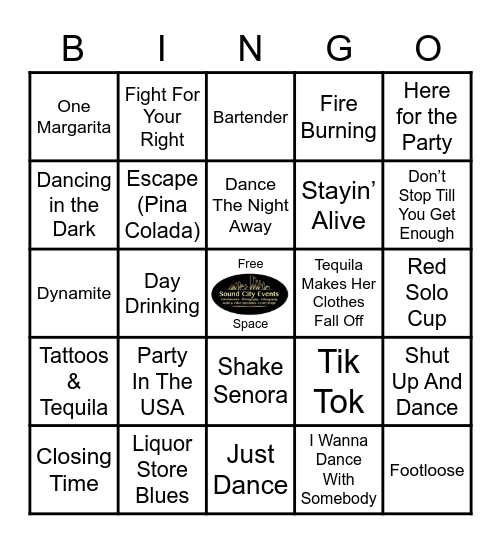 Drink, Dance & Party Music Bingo! Bingo Card