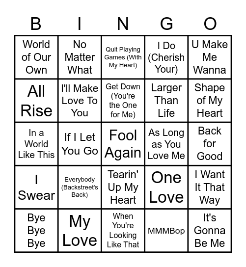 BOYBAND Bingo Card