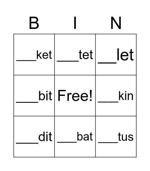 Two Syllable Bingo Card