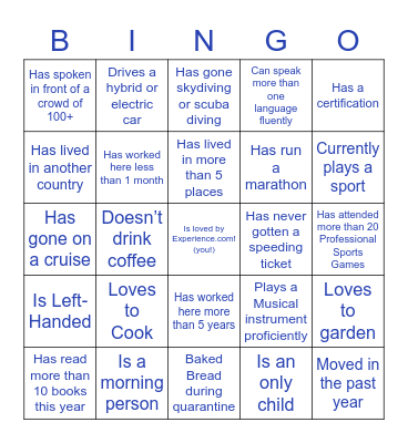 Experience.com People Bingo: Find someone who fits each criteria, fill in their name, and learn more about them! You can only use a person's name ONCE on your sheet! Bingo Card