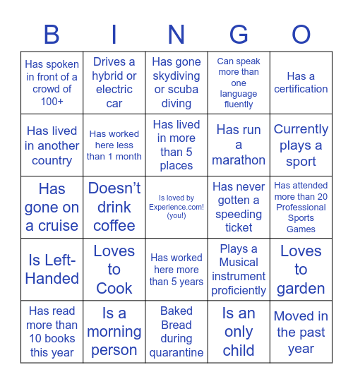 Experience.com People Bingo: Find someone who fits each criteria, fill in their name, and learn more about them! You can only use a person's name ONCE on your sheet! Bingo Card