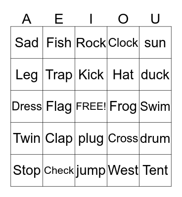 short vowel sounds Bingo Card