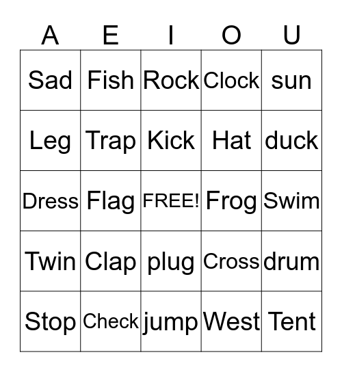 short vowel sounds Bingo Card