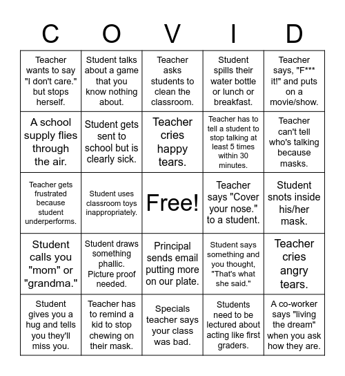 COVID-19 Last Weeks of School Bingo Card