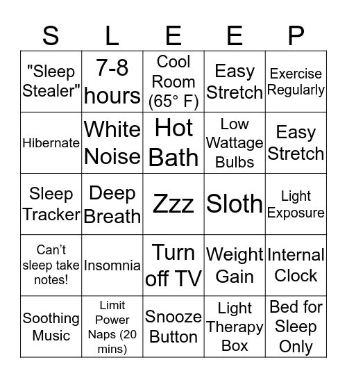 SLEEP Bingo Card