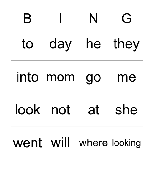 Sight Word Bingo Card