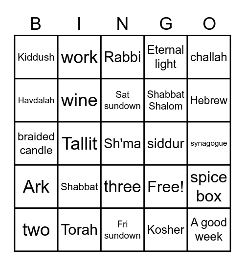 Jewish Sabbath Bingo Card