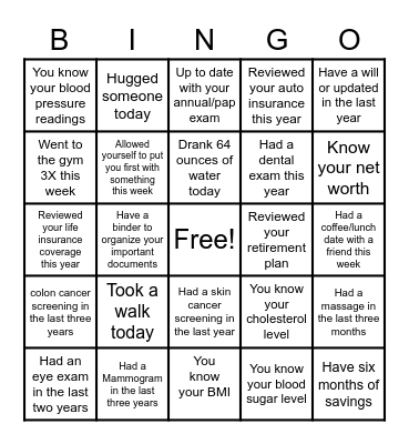 Personal & Financial Wellness Bingo Card