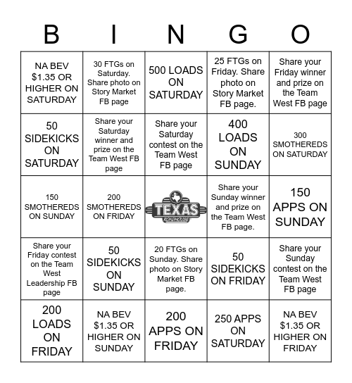 Weekend Salesmanship Contest Bingo Card