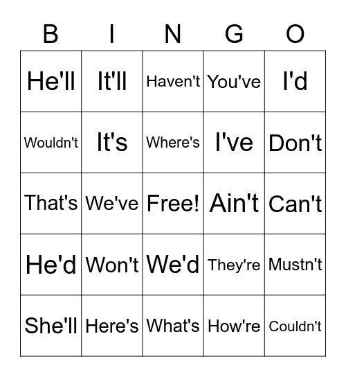Contractions Bingo Card