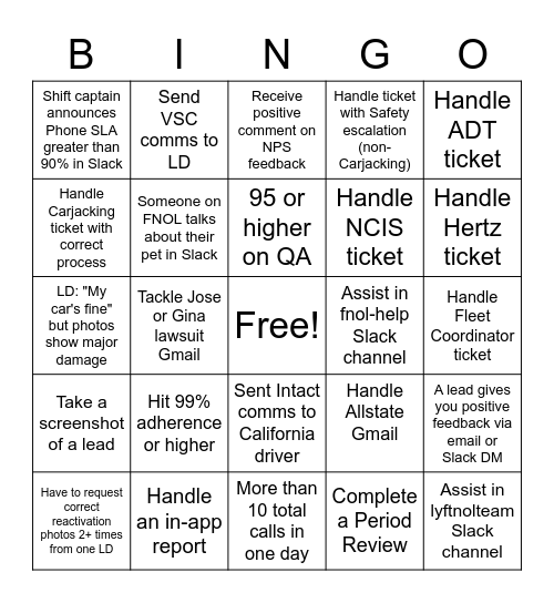 FNOL Bingo Card